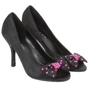 Wild Diva Pink Jeweled Bows Peep Toe Women's Size 8 Heels Pumps Rockabilly PinUp